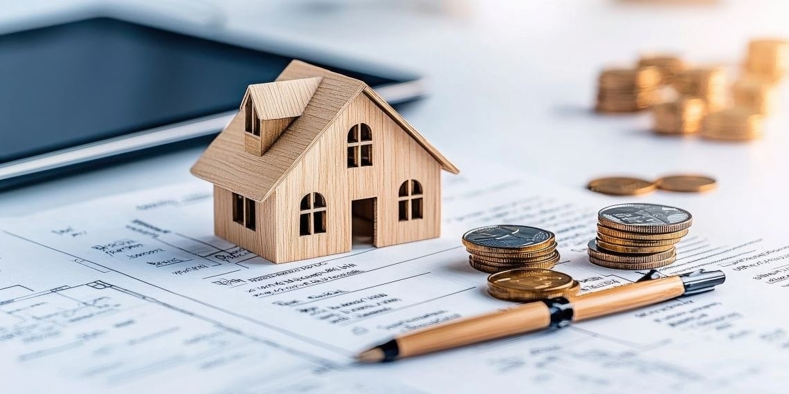 A miniature house model and stacked coins placed on a financial document, symbolizing planned giving and estate donations for nonprofits.