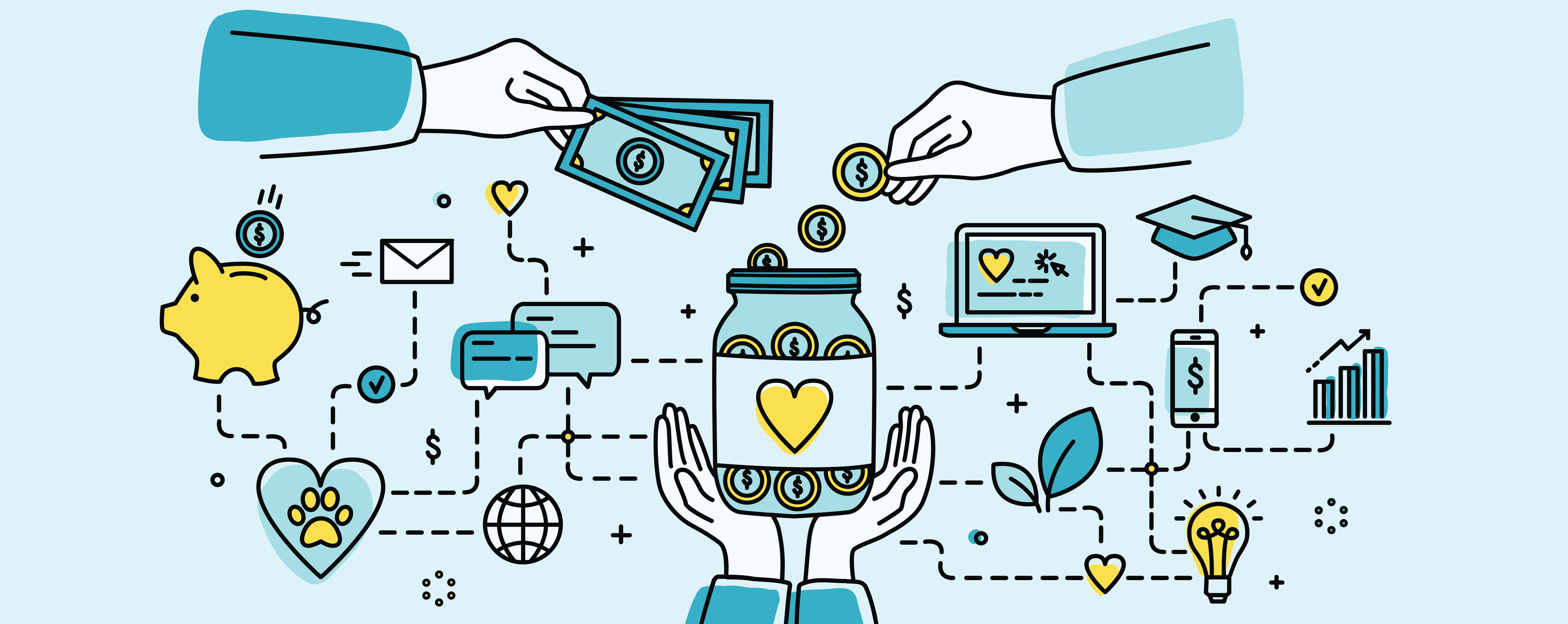 Responsive fundraising visual on donor intent of illustrated money into a jar