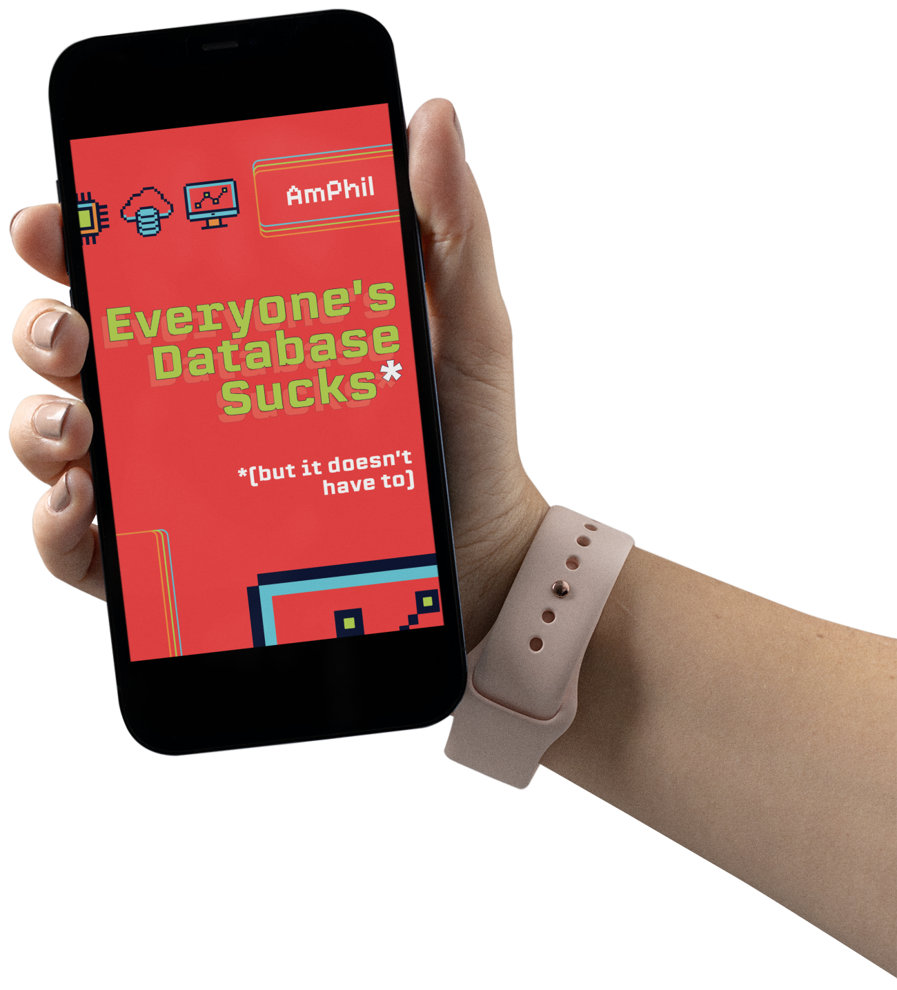 Hand holding a phone with AmPhil's ebook 