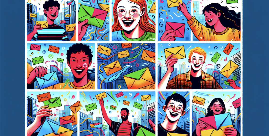 Colorful collage of cartoon people receiving mail and looking excited with envelopes being held up
