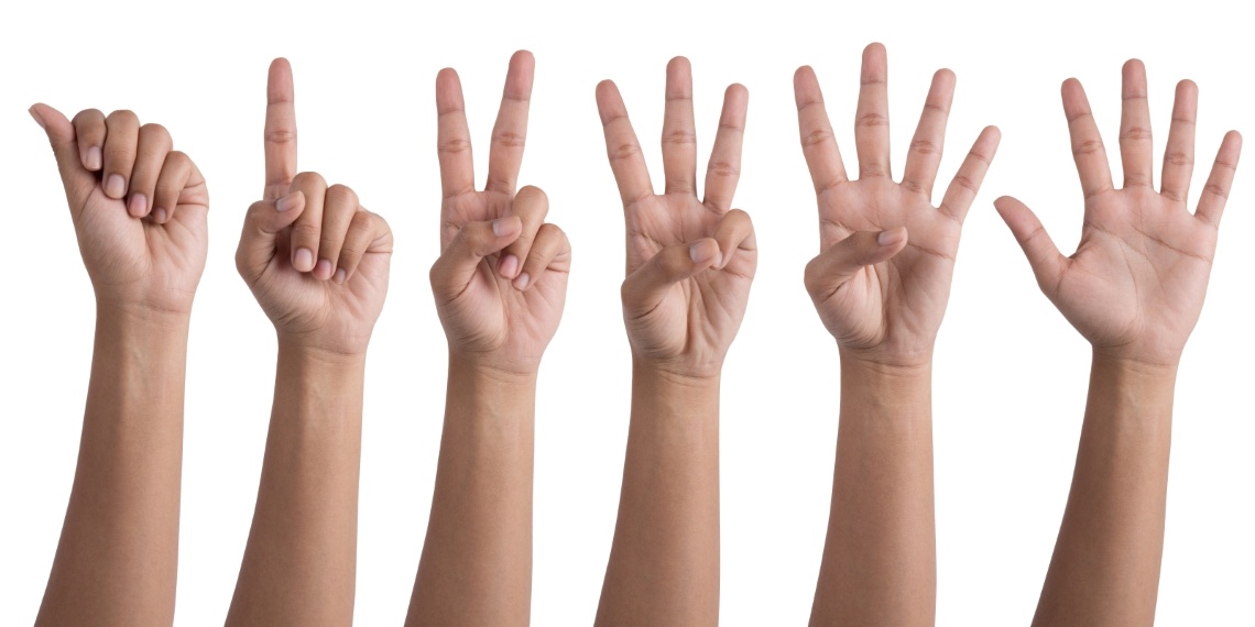 Five nonprofit fundraising hands in a line sequentially holding up 1, 2, 3, 4, 5 fingers